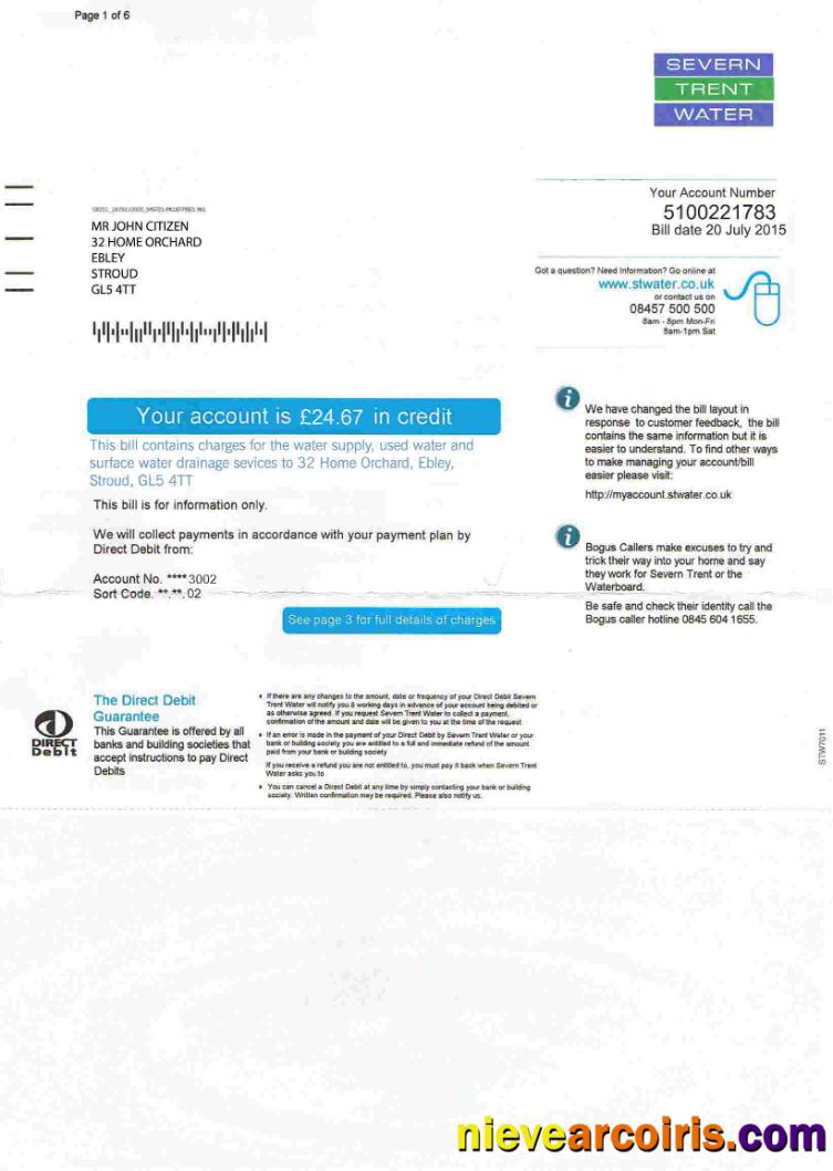 United Kingdom Severn Trent Water utility bill